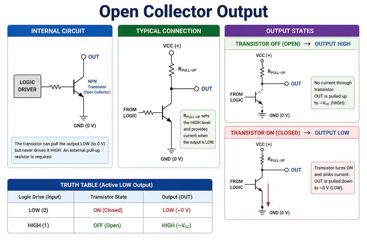 Diagram of an open collector output showing the transistor switching the terminal to ground when active and floating when inactive