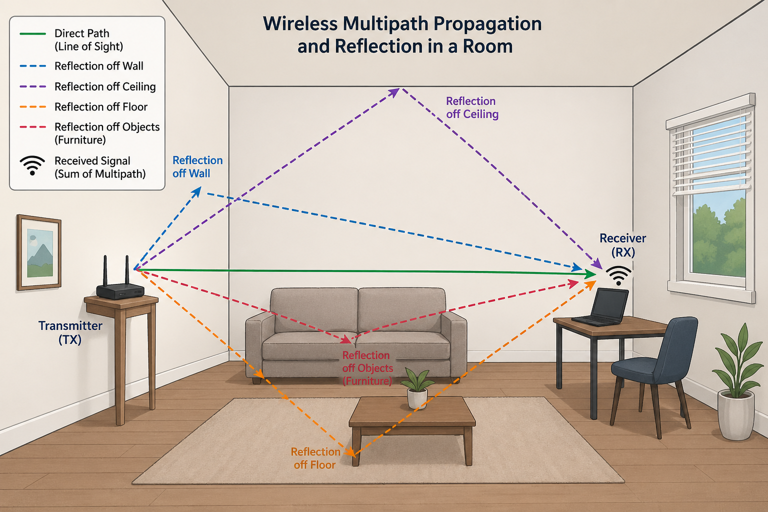 Illustration of multipath Wi-Fi signal propagation in a room