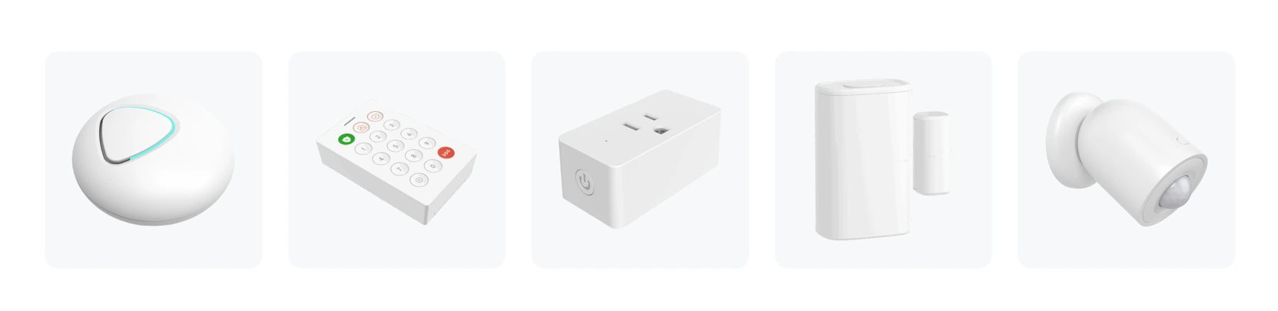 The nami Alarm 15 Starter Kit showing The Pod, Keypad, Sensor Plug, PIR Motion Detector, and Door Sensor