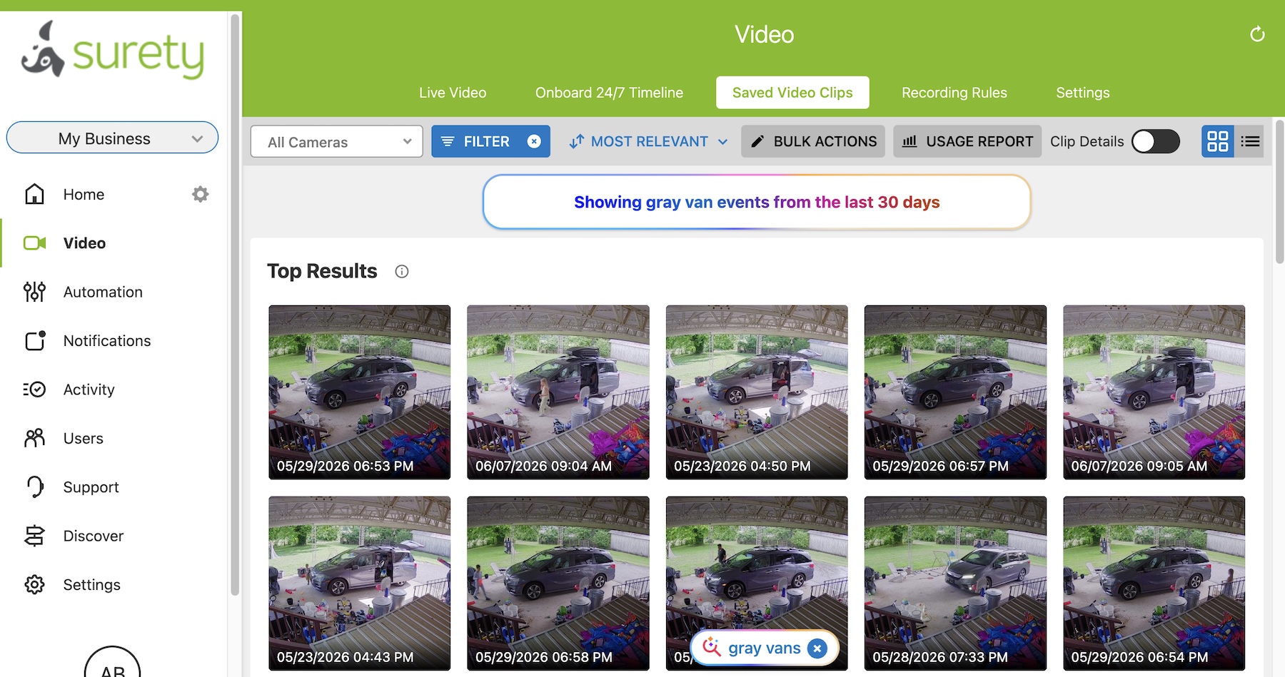 Alarm.com app showing AI Video Event Search results for a natural-language query
