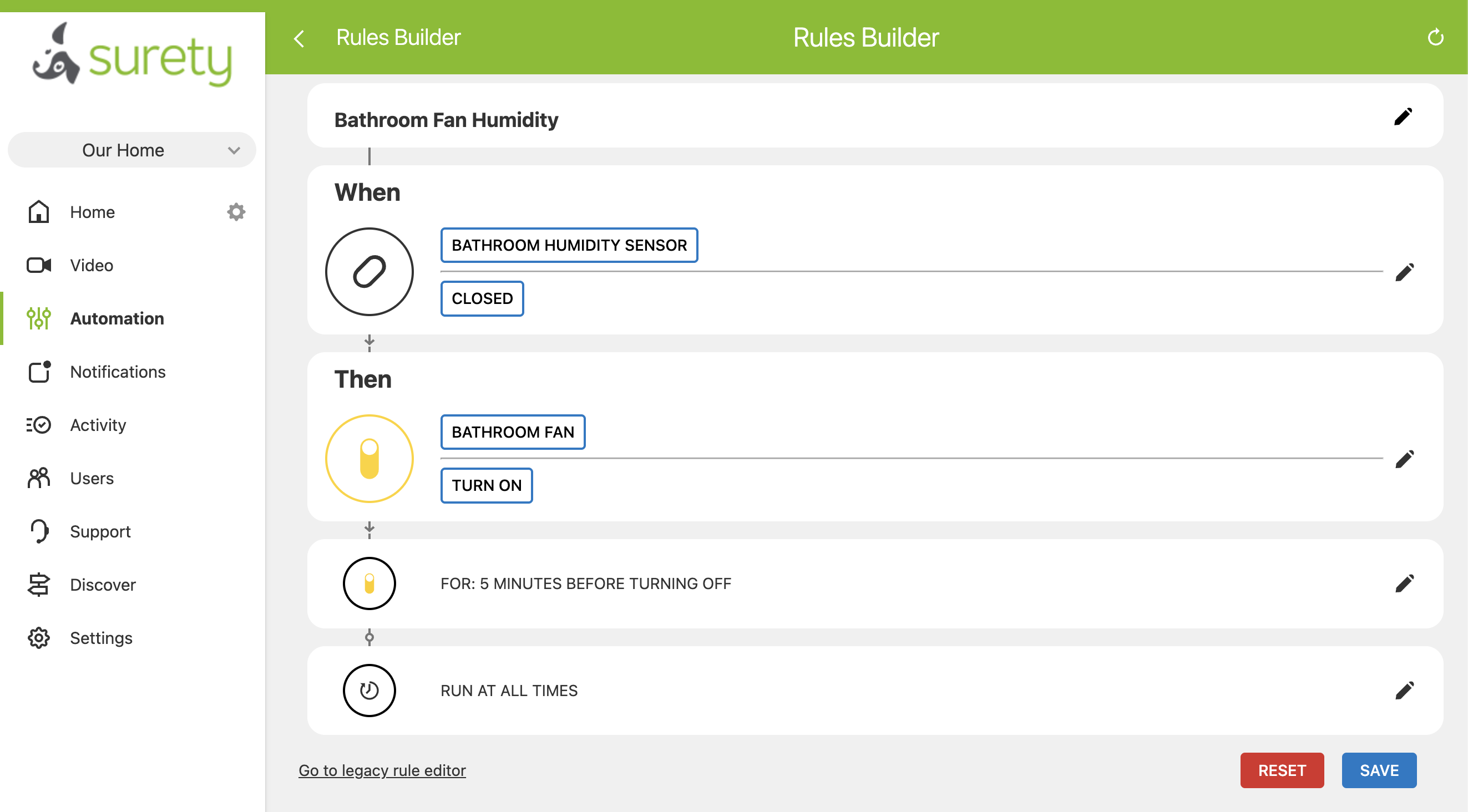 Alarm.com app showing a rule that turns a bathroom fan on when a humidity sensor zone trips