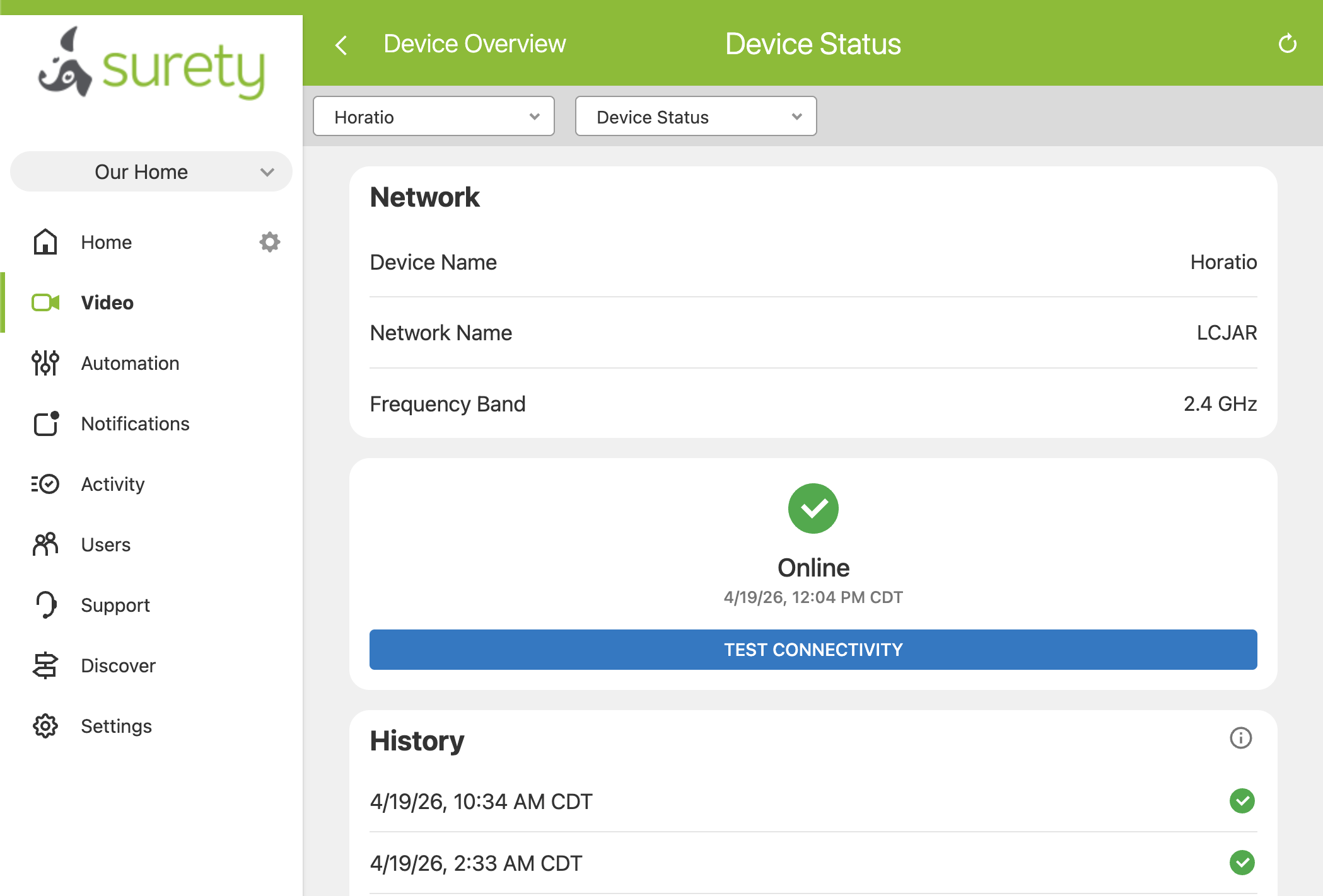 Device Status section of an Alarm.com camera's settings with the Test Connectivity button