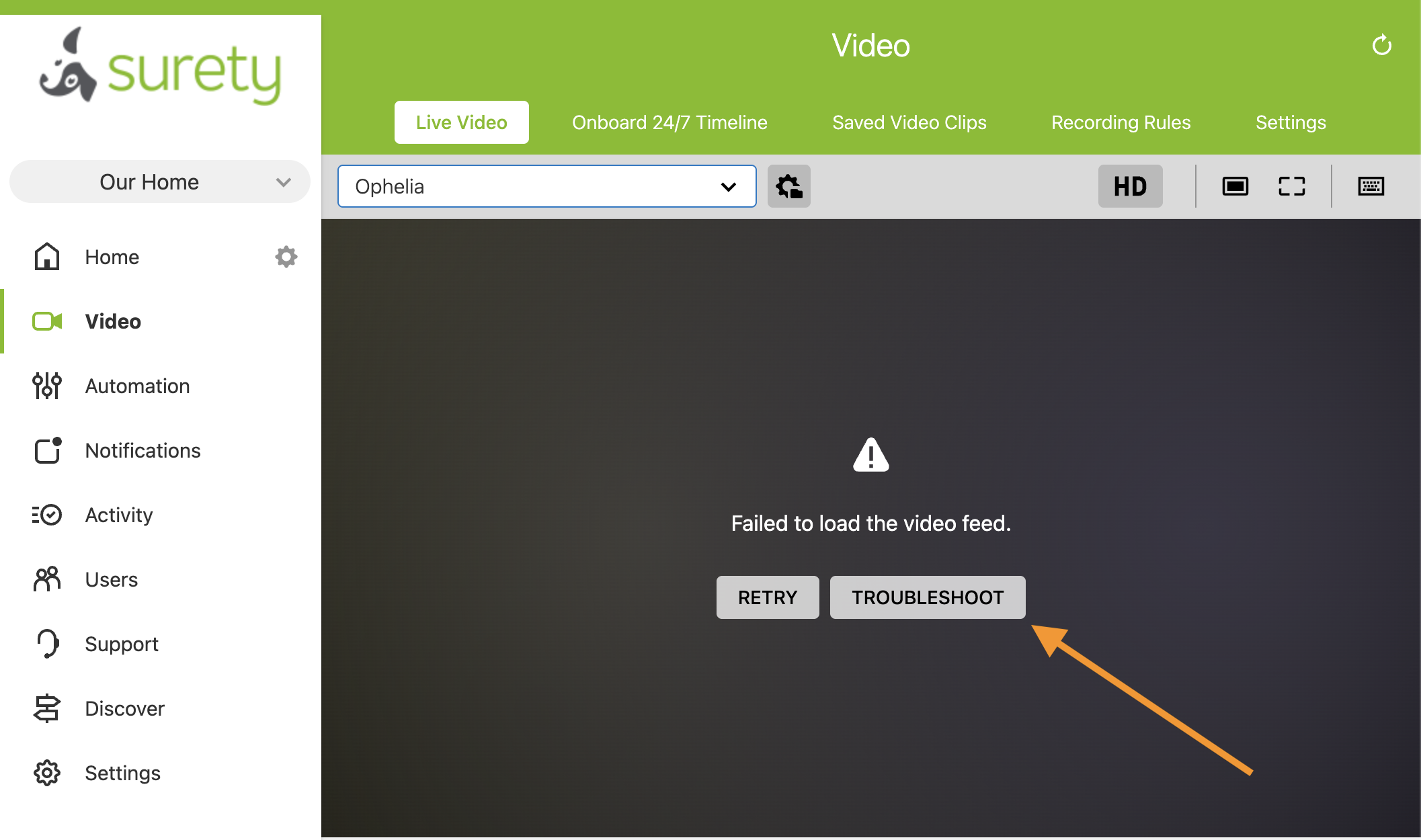 Alarm.com Video Troubleshooting Wizard for an offline camera