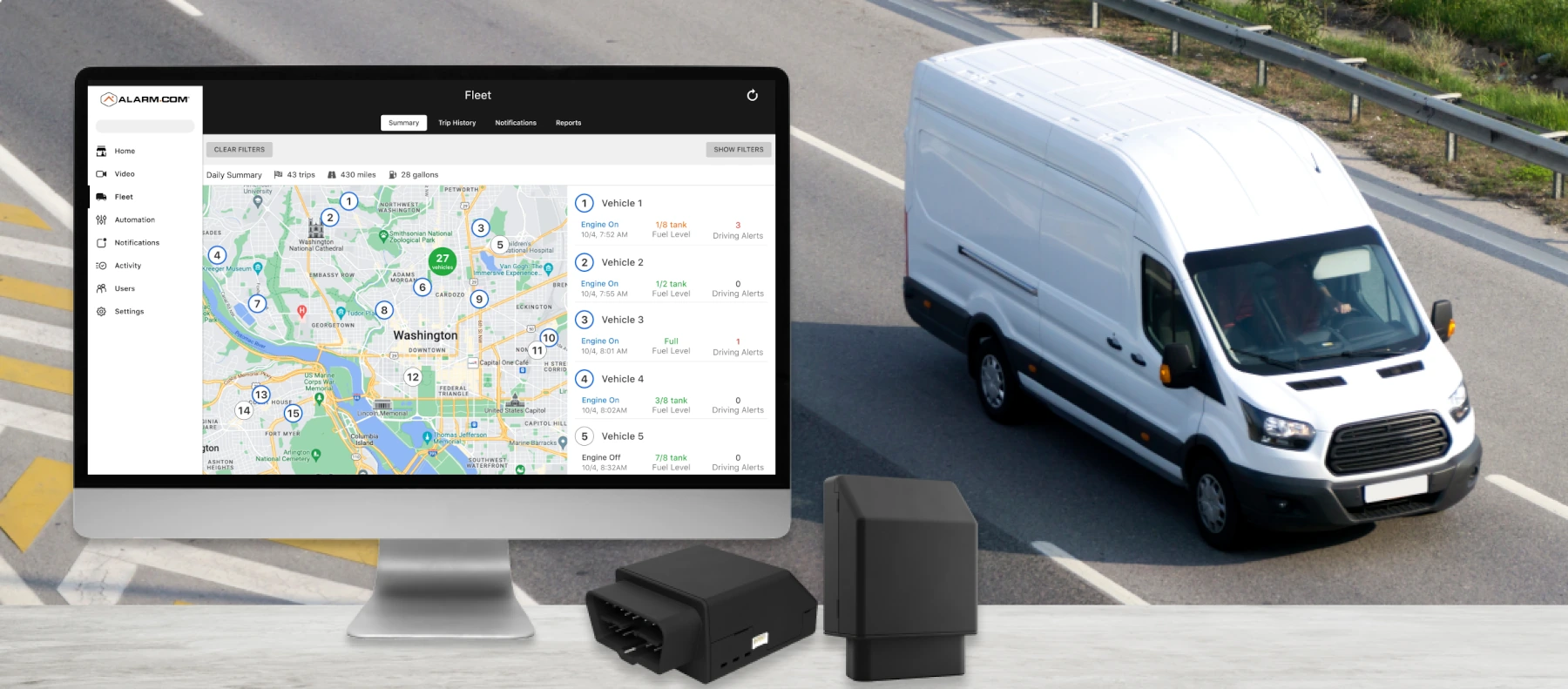 The ADC-CC100 OBD-II Car Connector plugged into an electrician's work van