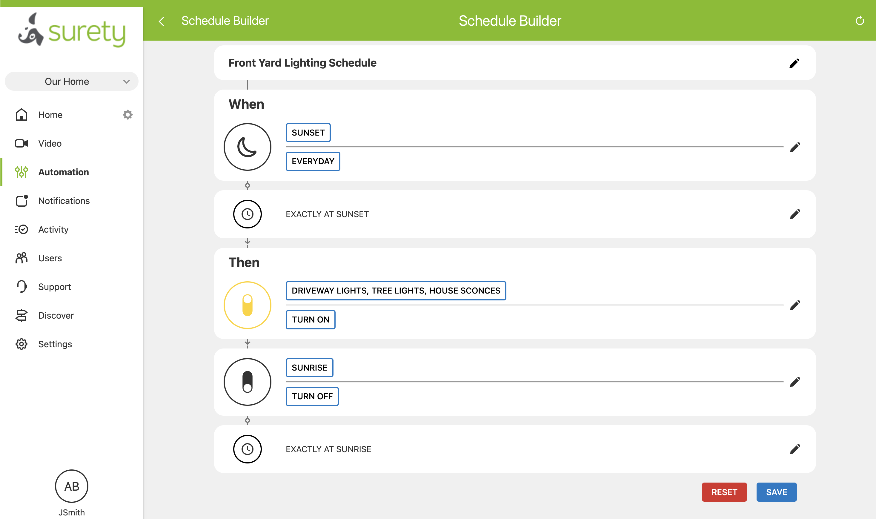 Alarm.com app showing a sunset-to-sunrise schedule for landscape lighting zones