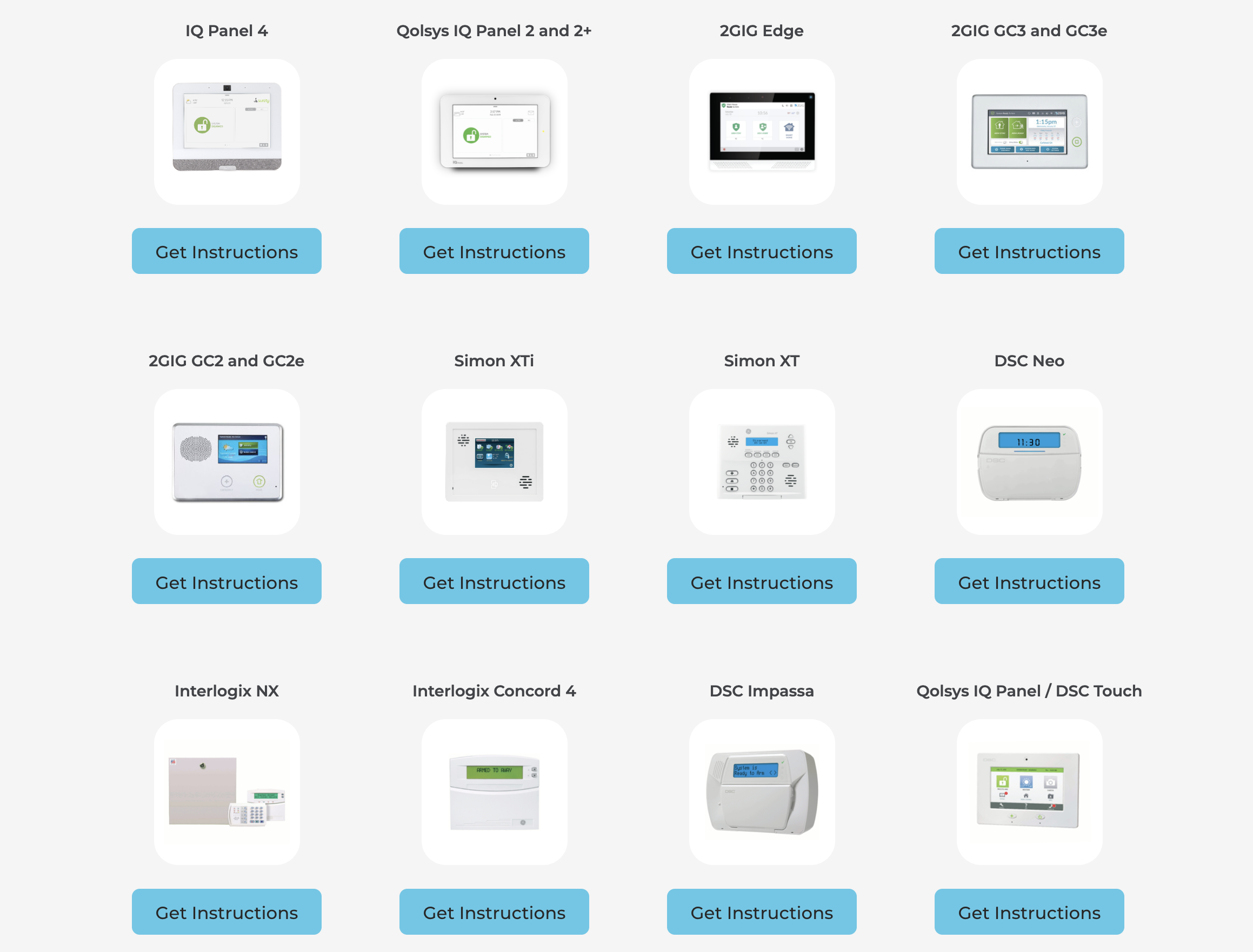 Lineup of Qolsys IQ Panel 2, 4, 5, and 2GIG GC3e, Edge panels